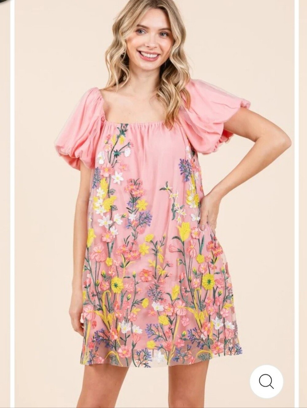 GeeGee Floral Embroidered Pink Mesh Mini Dress Puff Sleeves Square neck 3X NWT
